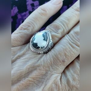 White Buffalo Gemstone Bezel Set In Black Oxidized Sterling Silver